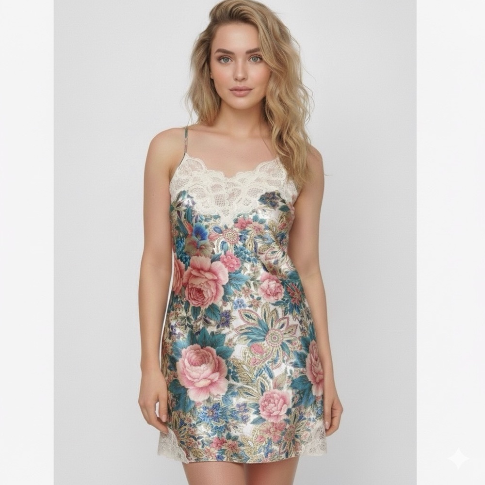 VICTORIA’S SECRET Vintage Gold Label Floral Satin Lace Chemise Womens Size Small